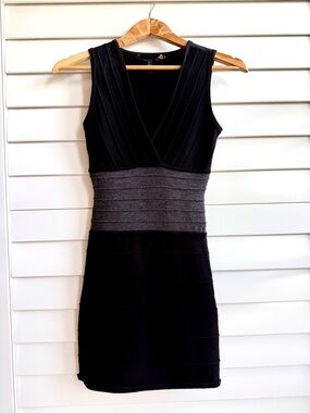 BCBGMaxAzria Black Dress with Gray Waistband - Sleeveless V-Neck Mini